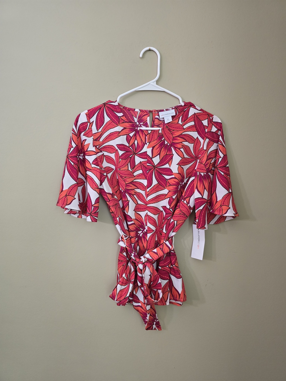 Liz Claiborne Red and Pink Leaf Print Tie-Front Blouse Women Size PS